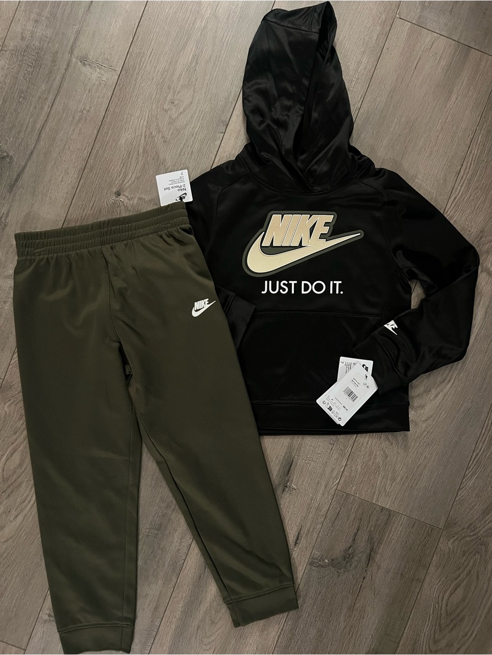 Nike Black Hoodie with Olive Green Joggers Kids Set